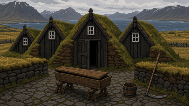 Bæjarhlaðið á Hjaltastöðum með kistu fyrir framan opnar bæjardyr